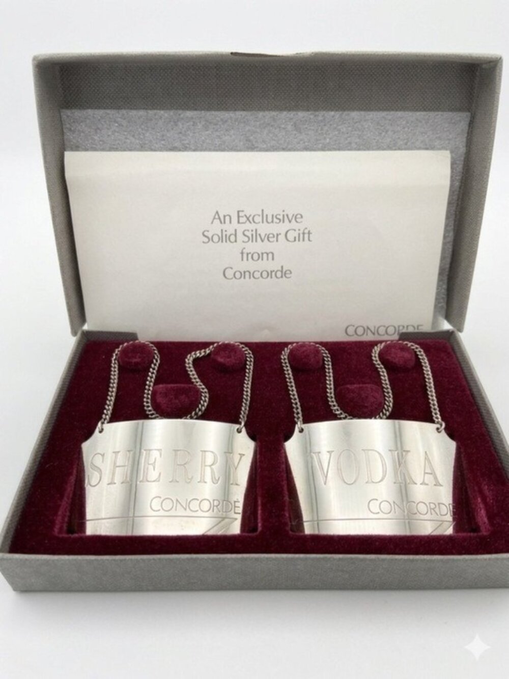 Rare Concorde Sterling Silver Decanter Labels – Sherry & Vodka – Boxed